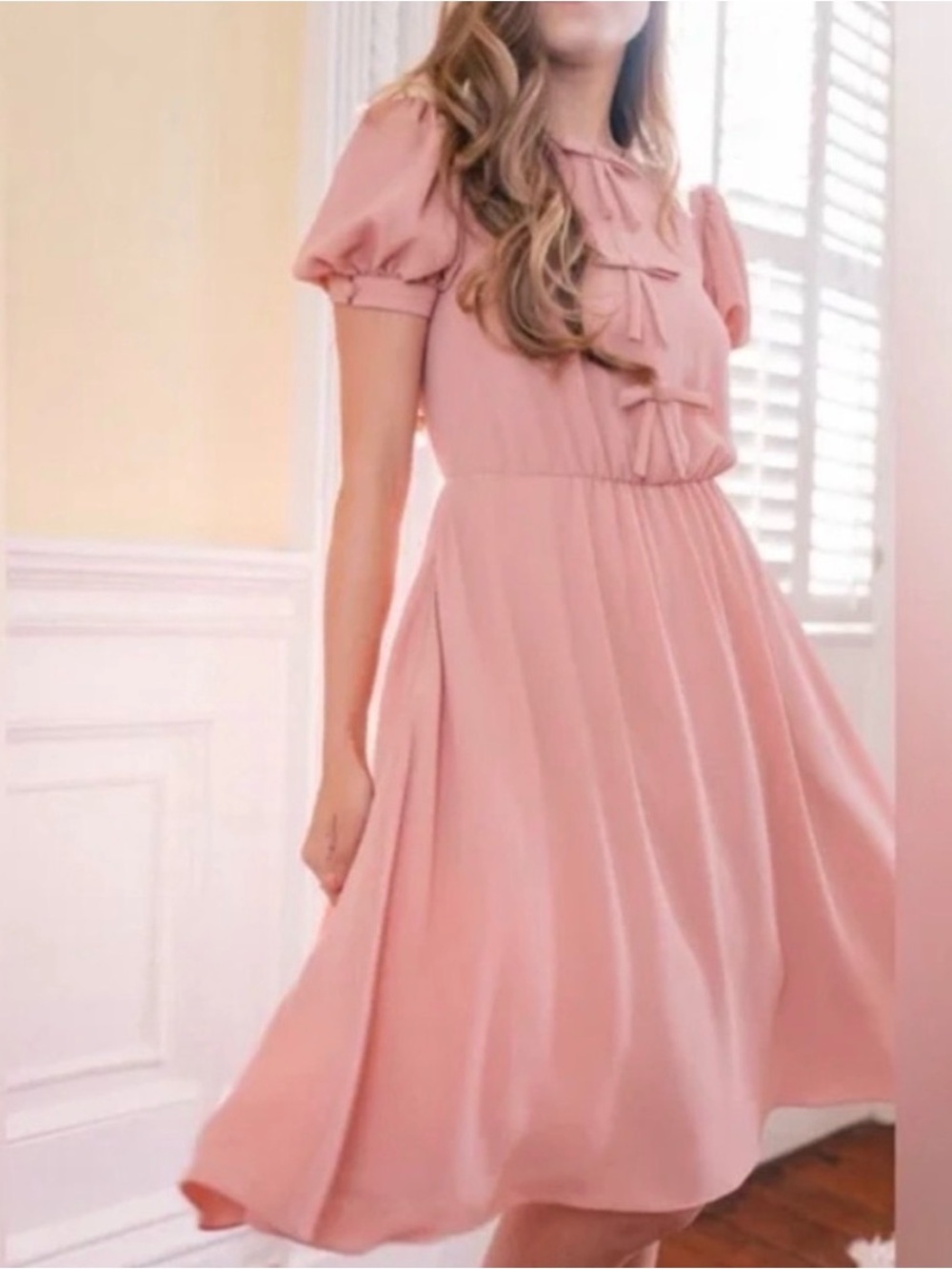 Gal Meets Glam Dusty Rose Bow-Front Puff Sleeve Dress